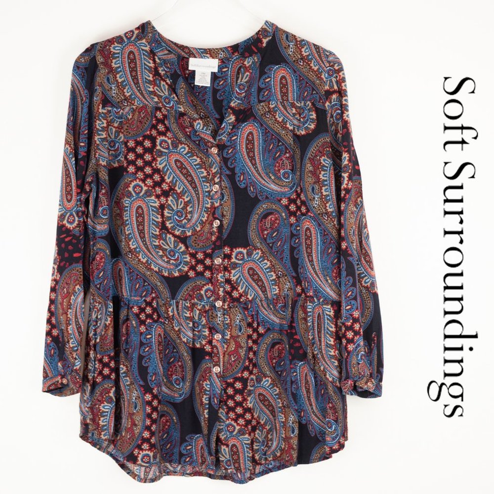Soft Surroundings Paisley Blouse Long Sleeve Shirt Rayon Size Medium Petite